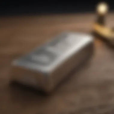 Close-up view of a silver bullion bar resting on a wooden table.