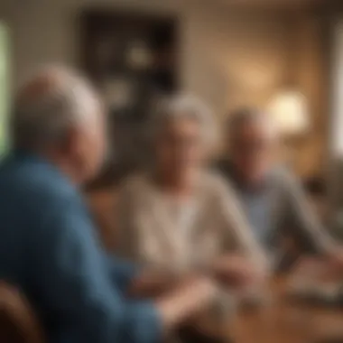 An elderly couple discussing healthcare options with a financial advisor in a cozy living room.