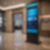 A modern bank lobby with promotional banners for checking account offers