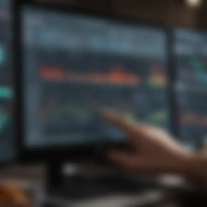 A user analyzing stock market trends with graphs and charts on a screen