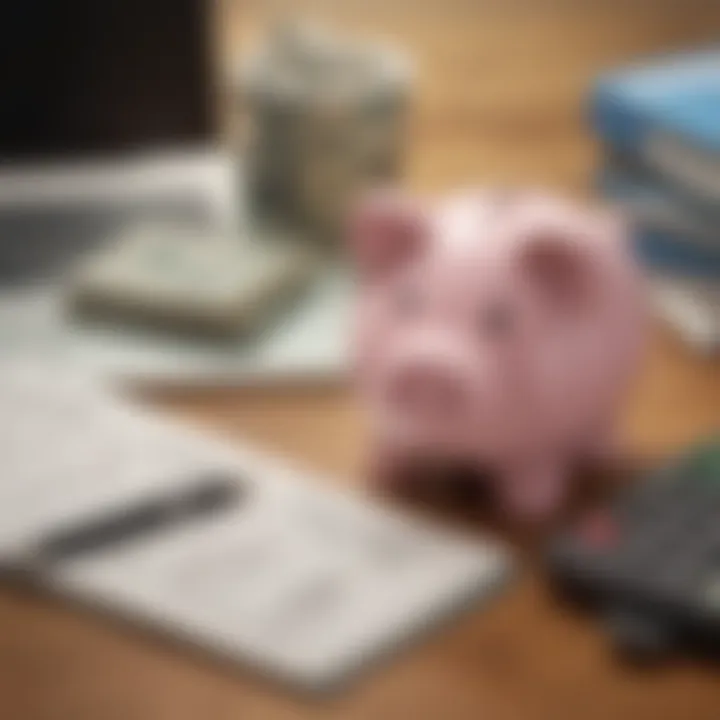 A close-up of a piggy bank alongside a notebook filled with budgeting notes.