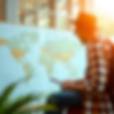 A traveler with a suitcase looking at a world map