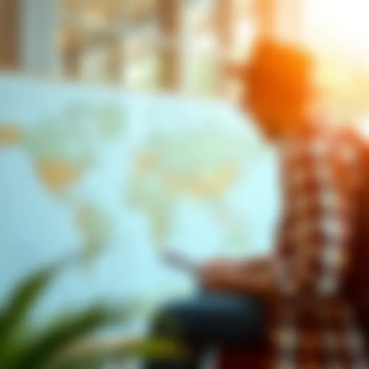 A traveler with a suitcase looking at a world map