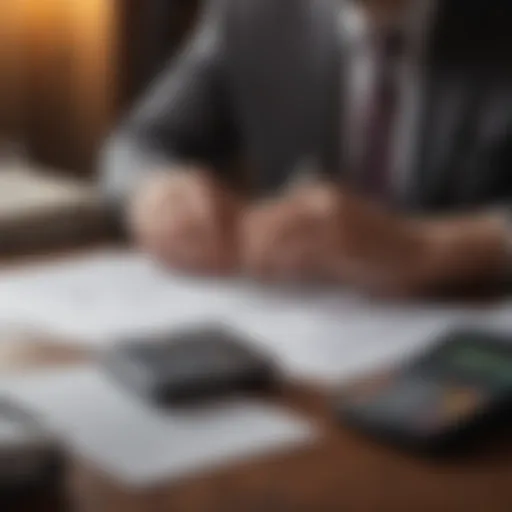 A distressed individual reviewing financial documents with a calculator