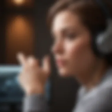 A person listening to an audiobook in a thoughtful pose