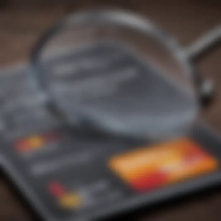 A close-up of a credit card with a magnifying glass highlighting terms