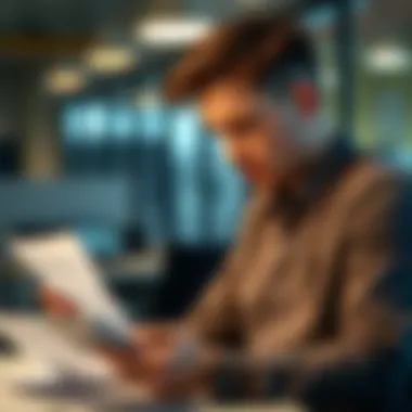 Evaluating Banking Costs A thoughtful individual reviewing bank statements with a calculator