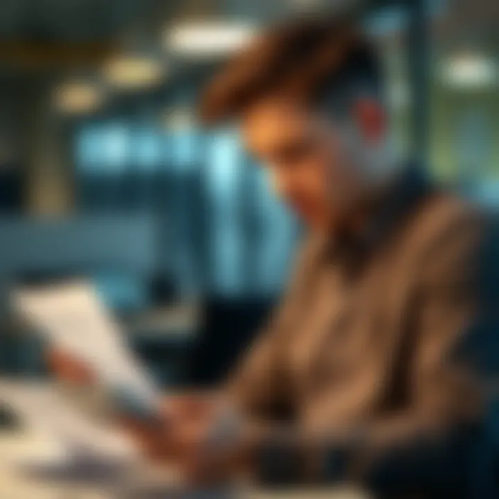 Evaluating Banking Costs A thoughtful individual reviewing bank statements with a calculator