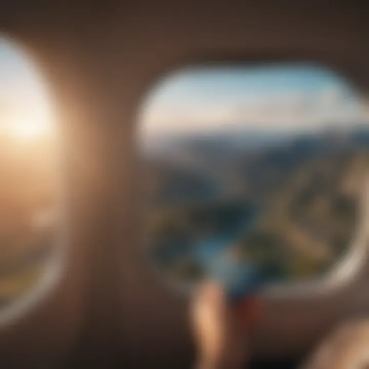 A scenic view from an airplane window during a flight.